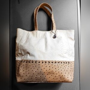 Big Buddha Large Tote Bag Faux Ostrich Off-white & Tan W/ Floral Lining  Studded